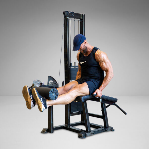 Extremely space-efficient machine for leg extensions and lying leg curls!