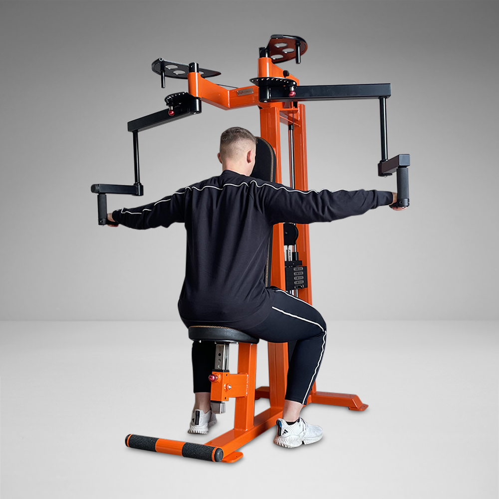 Young Man Does Workout At Chest Fly Machine In Gym Stock, 53% OFF